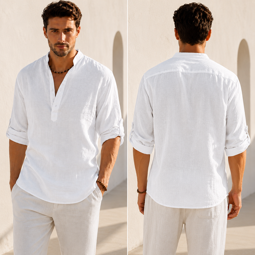 Men's Cotton Linen Henley Shirt – Casual Long Sleeve Lightweight Summer Pullover
