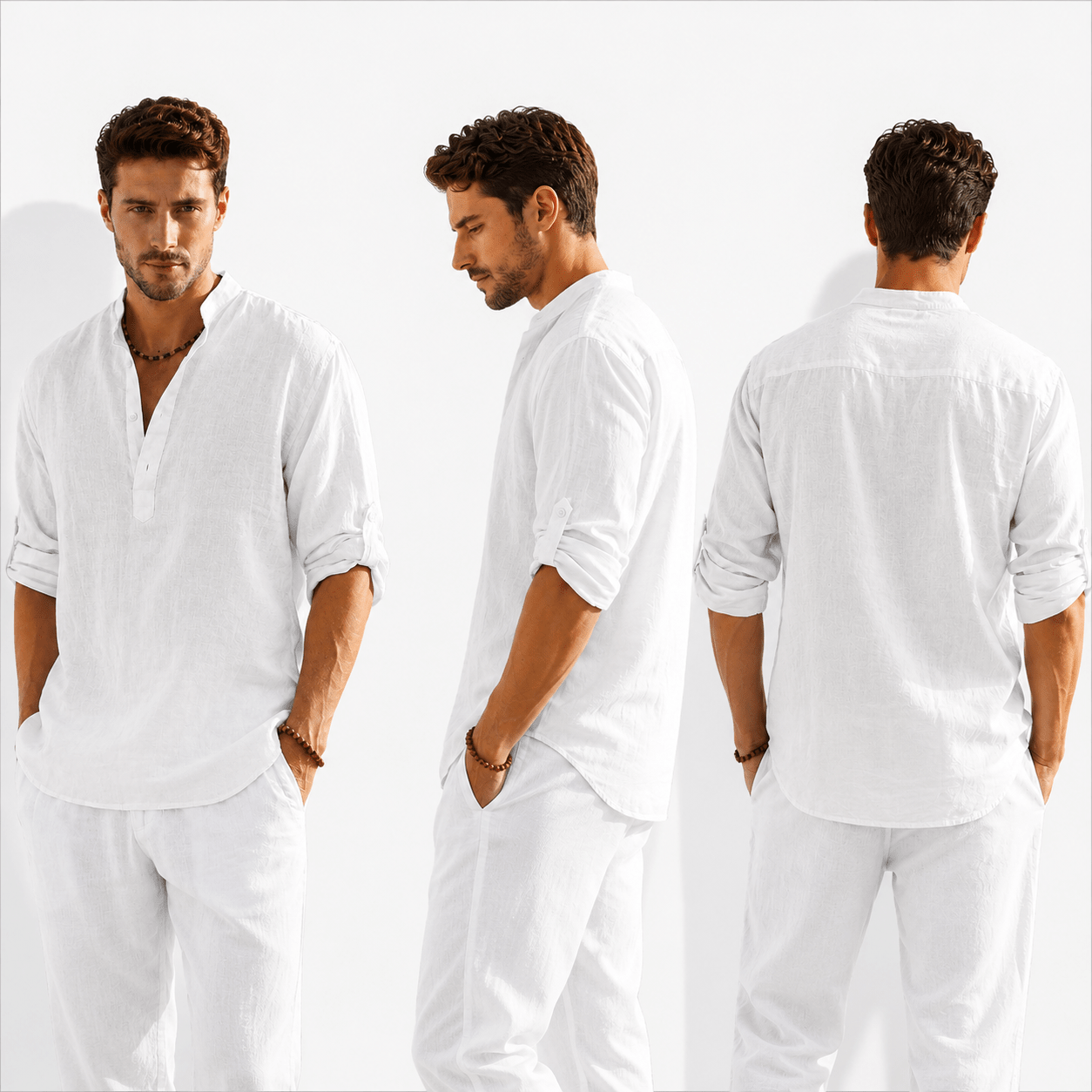 Men's Cotton Linen Henley Shirt - VogueTale