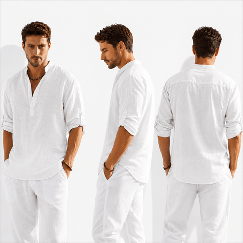 Men's Cotton Linen Henley Shirt - VogueTale