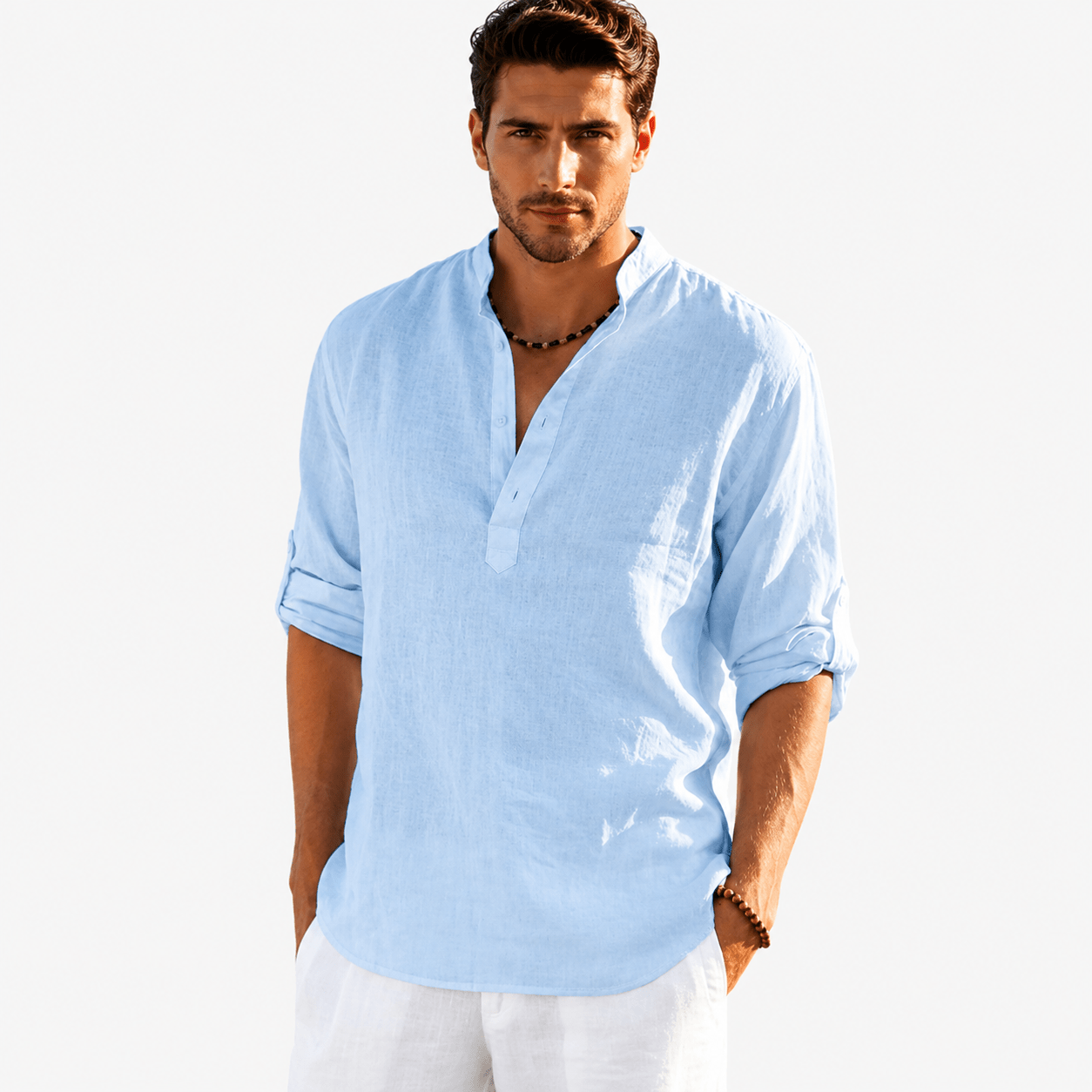 Men's Cotton Linen Henley Shirt – Casual Long Sleeve Lightweight Summer Pullover - VogueTale