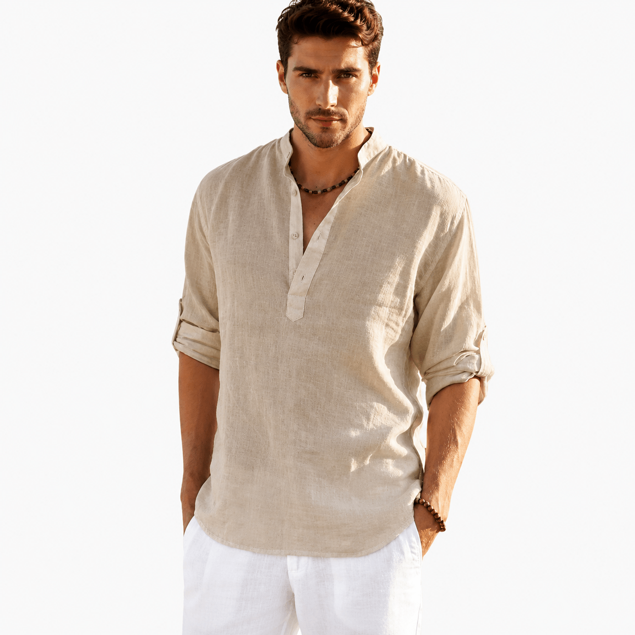 Men's Cotton Linen Henley Shirt – Casual Long Sleeve Lightweight Summer Pullover - VogueTale