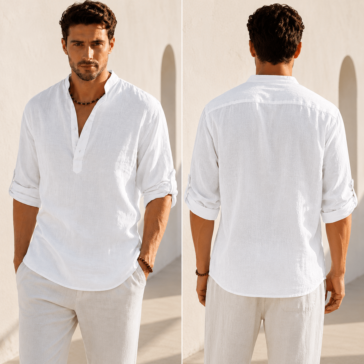 Men's Cotton Linen Henley Shirt – Casual Long Sleeve Lightweight Summer Pullover - VogueTale
