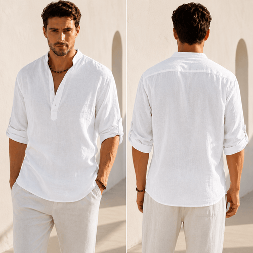 Men's Cotton Linen Henley Shirt – Casual Long Sleeve Lightweight Summer Pullover - VogueTale