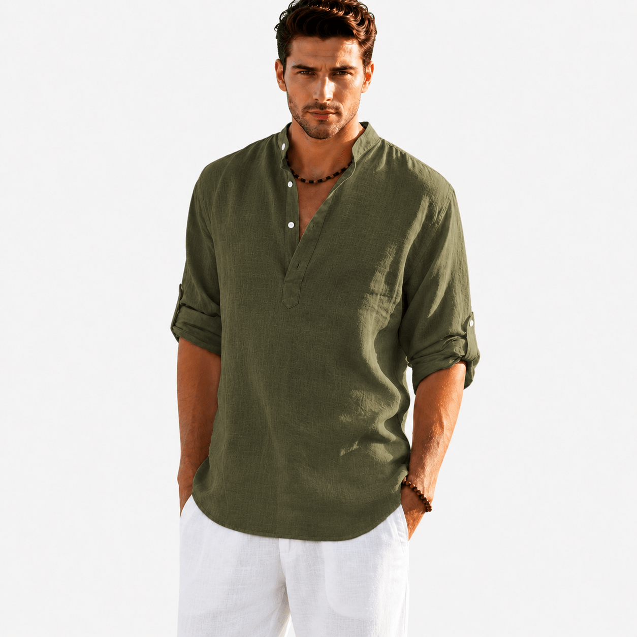 Men's Cotton Linen Henley Shirt – Casual Long Sleeve Lightweight Summer Pullover - VogueTale