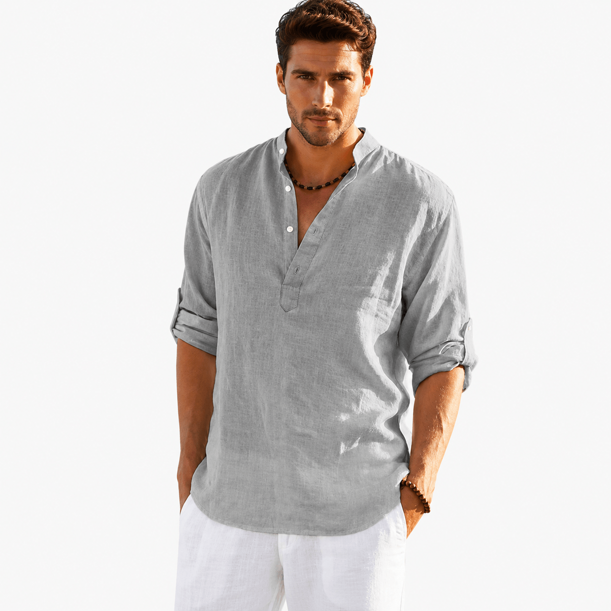 Men's Cotton Linen Henley Shirt – Casual Long Sleeve Lightweight Summer Pullover - VogueTale