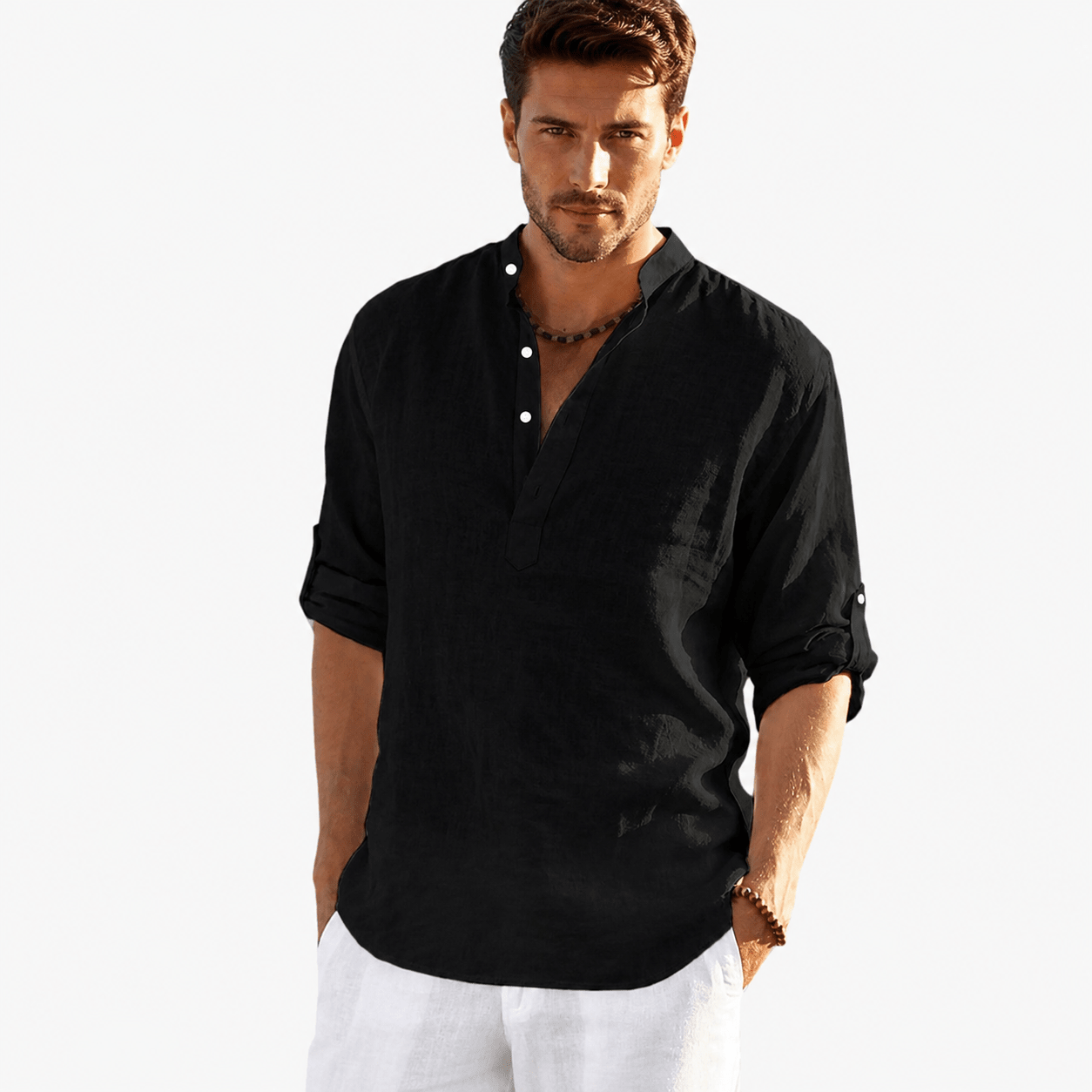 Men's Cotton Linen Henley Shirt – Casual Long Sleeve Lightweight Summer Pullover - VogueTale