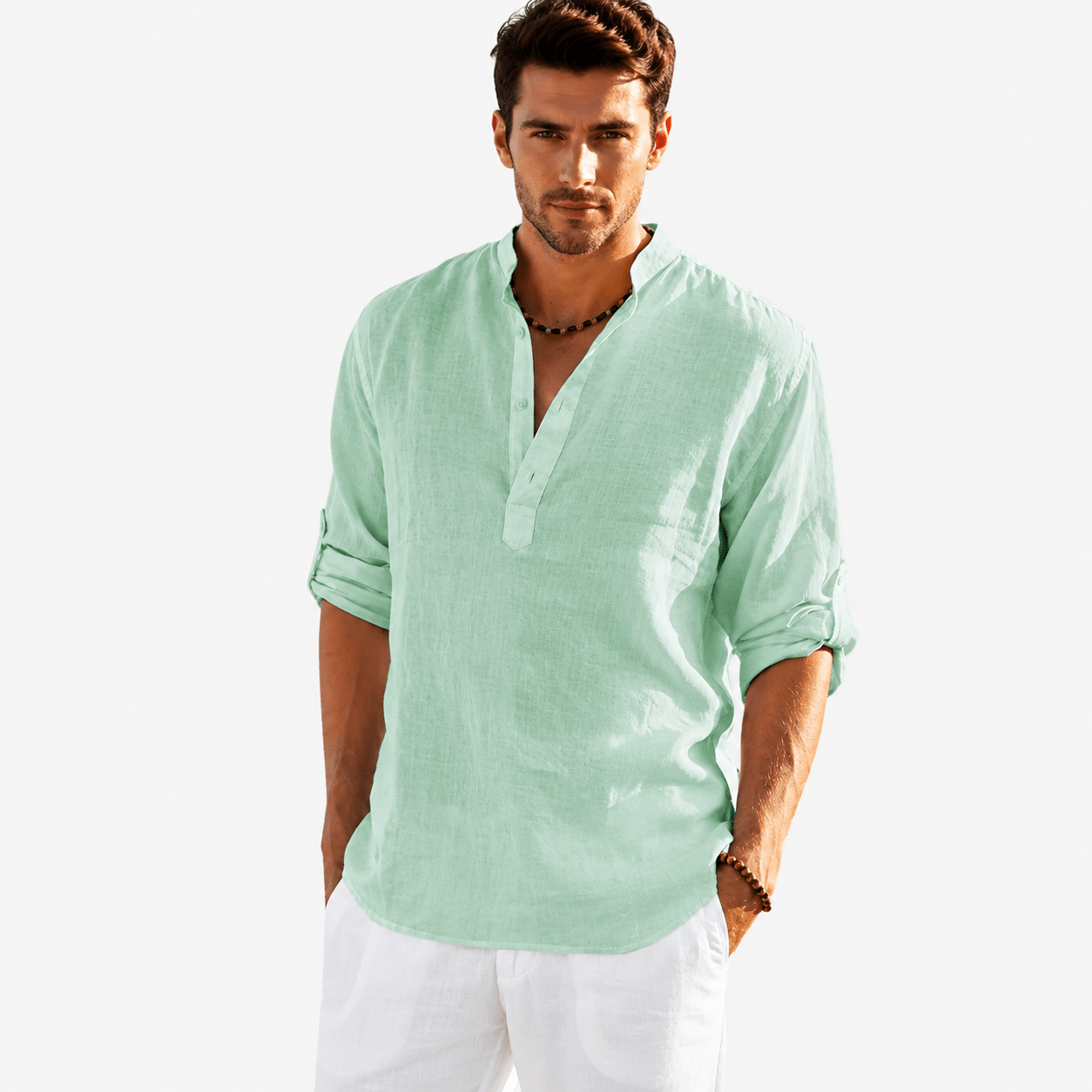 Men's Cotton Linen Henley Shirt – Casual Long Sleeve Lightweight Summer Pullover - VogueTale