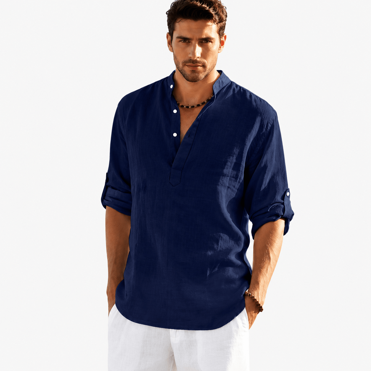 Men's Cotton Linen Henley Shirt – Casual Long Sleeve Lightweight Summer Pullover - VogueTale