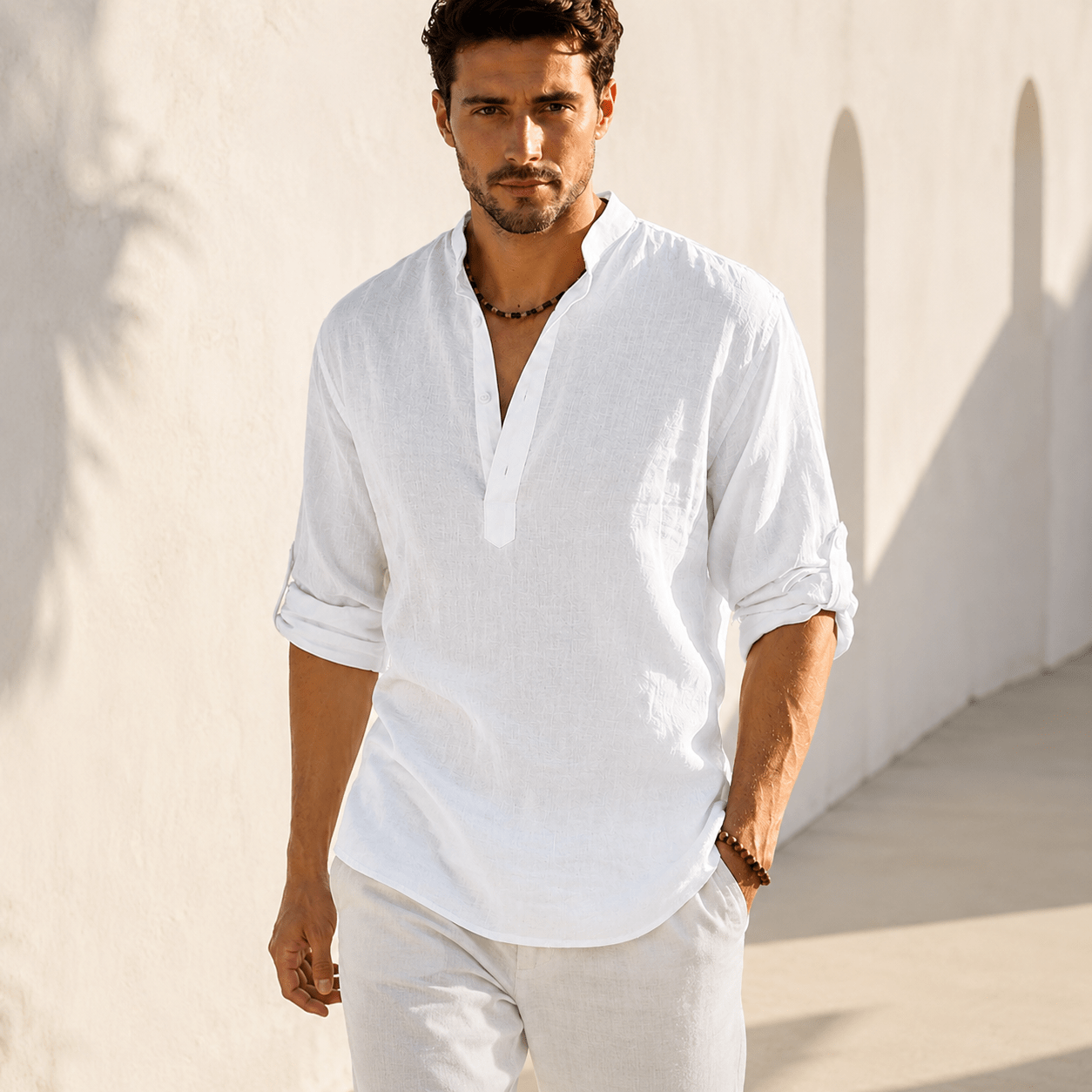 Men's Cotton Linen Henley Shirt – Casual Long Sleeve Lightweight Summer Pullover - VogueTale