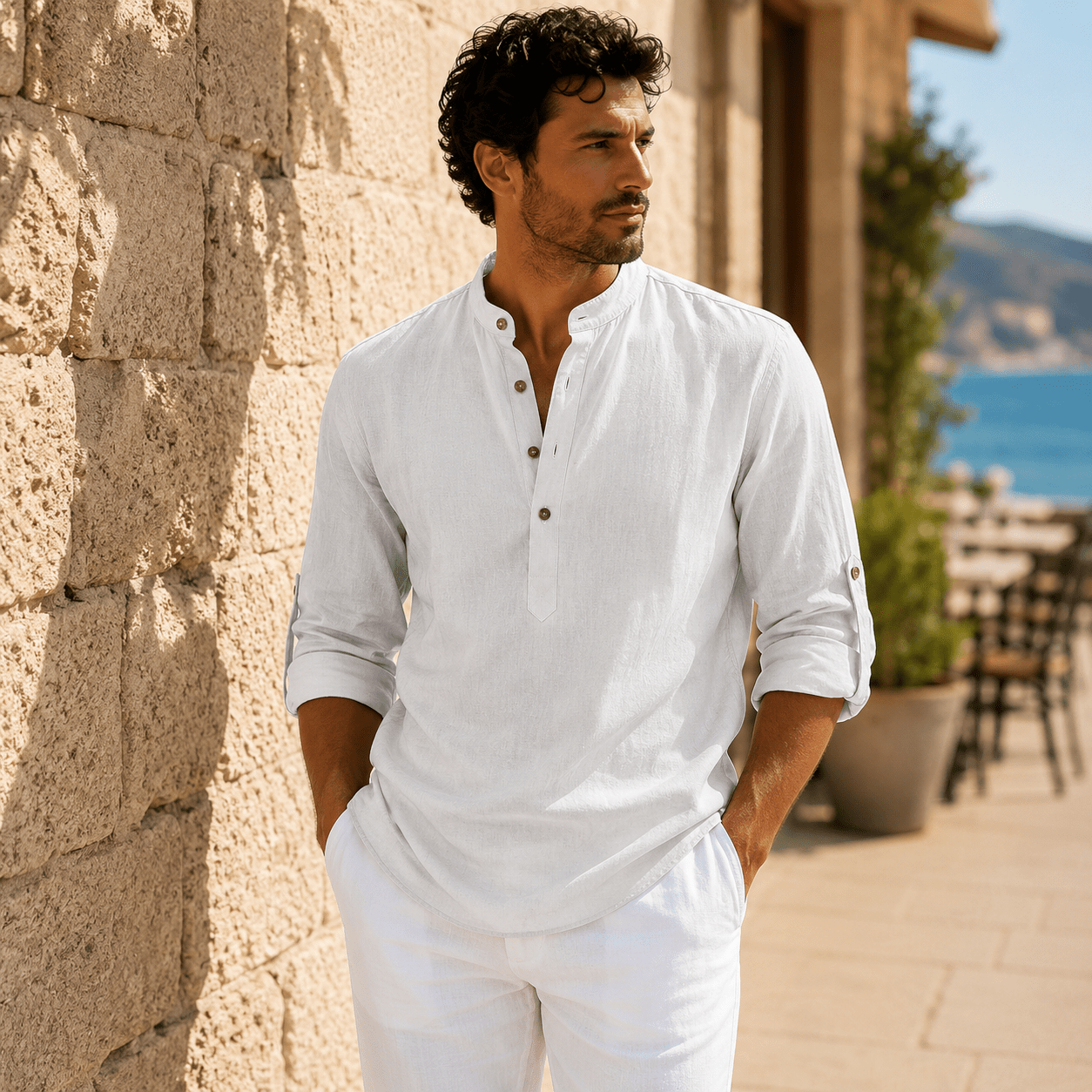 Men’s Cotton Linen Henley Shirt – Relaxed Fit Long Sleeve - VogueTale