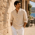 Men’s Cotton Linen Henley Shirt – Relaxed Fit Long Sleeve - VogueTale