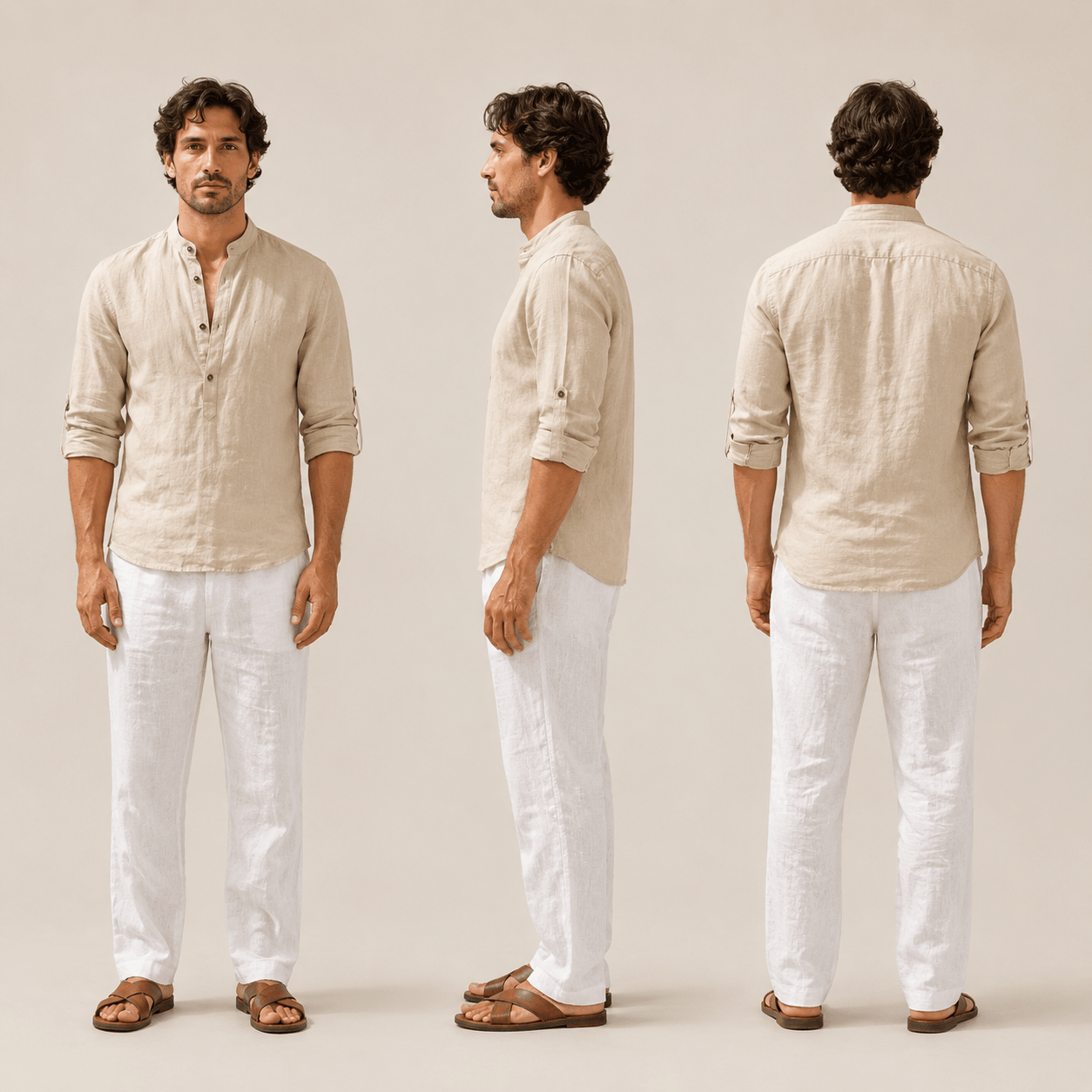 Men’s Cotton Linen Henley Shirt – Relaxed Fit Long Sleeve - VogueTale