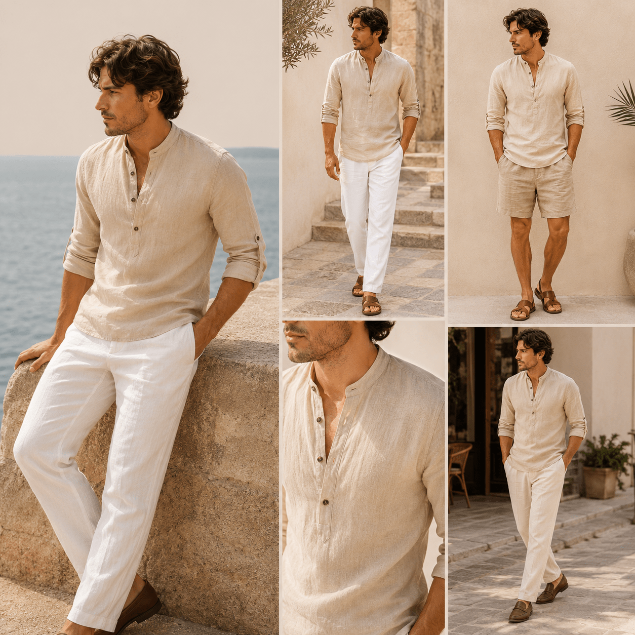 Men’s Cotton Linen Henley Shirt – Relaxed Fit Long Sleeve - VogueTale