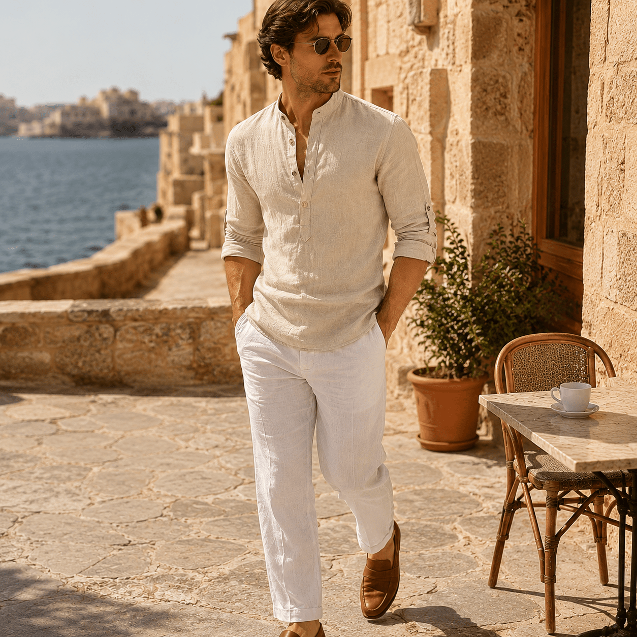 Men’s Cotton Linen Henley Shirt – Relaxed Fit Long Sleeve - VogueTale