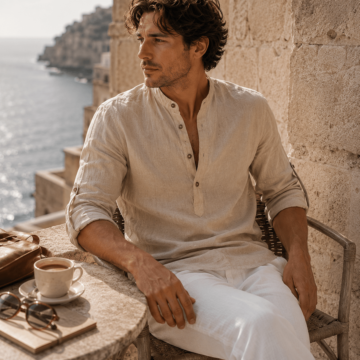 Men’s Cotton Linen Henley Shirt – Relaxed Fit Long Sleeve - VogueTale
