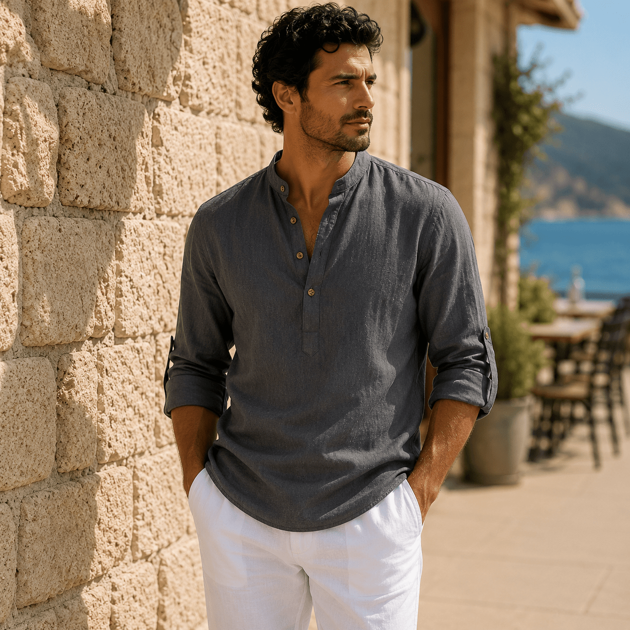 Men’s Cotton Linen Henley Shirt – Relaxed Fit Long Sleeve - VogueTale