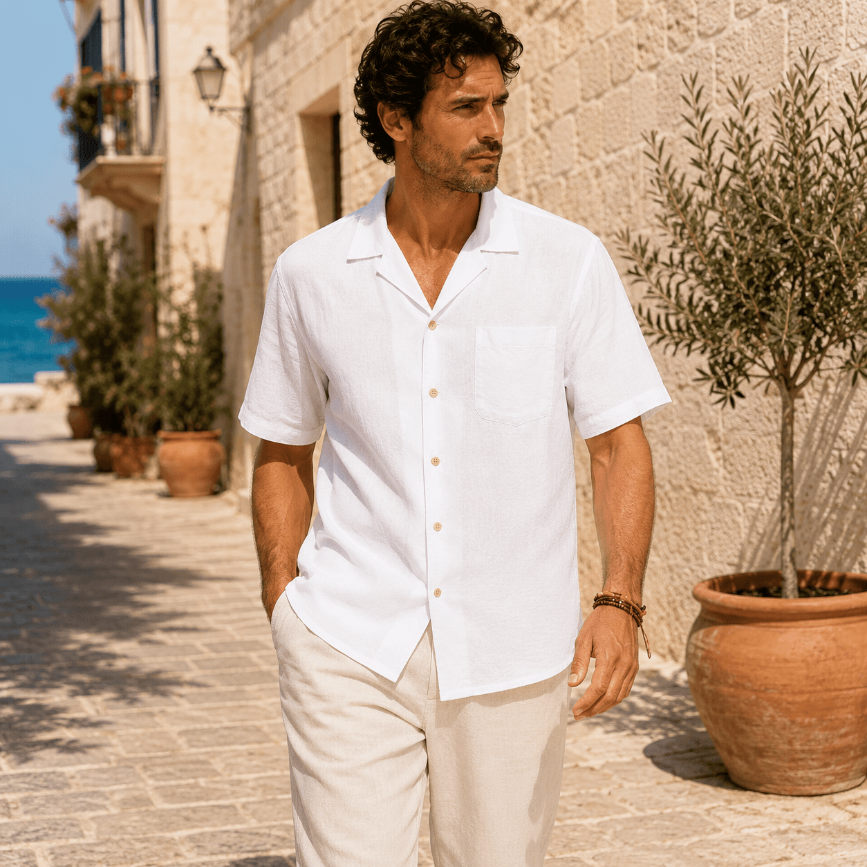 Men's Riviera Linen Blend Camp Collar Shirt - VogueTale