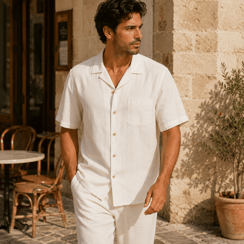 Men's Riviera Linen Blend Camp Collar Shirt - VogueTale