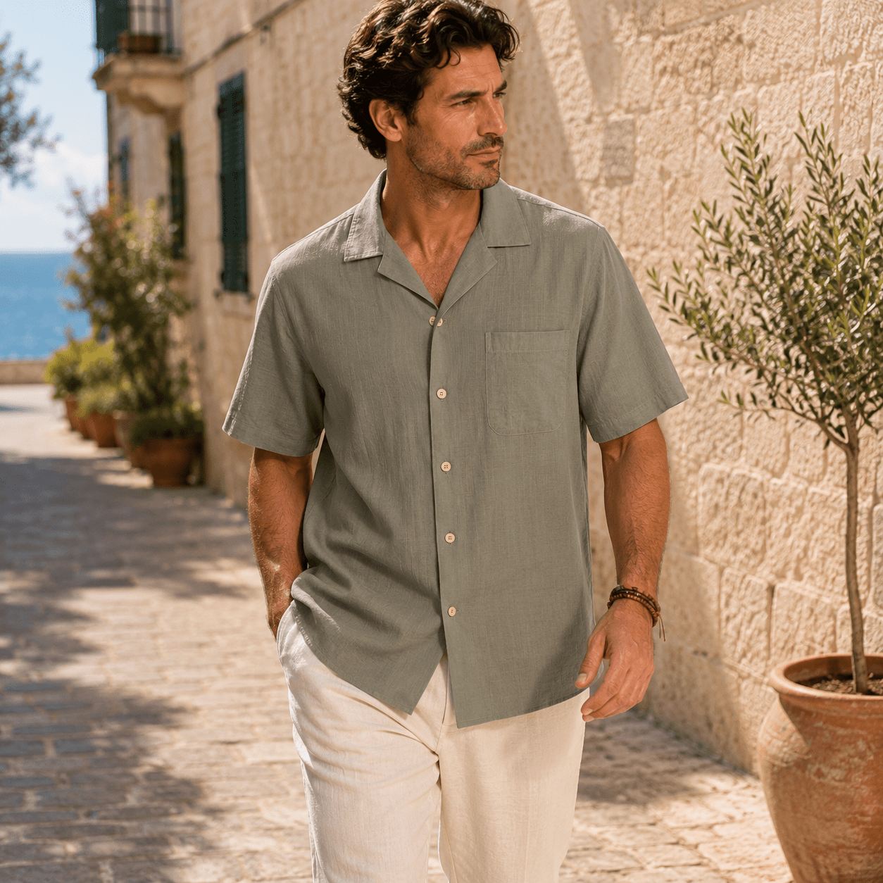 Men's Riviera Linen Blend Camp Collar Shirt - VogueTale