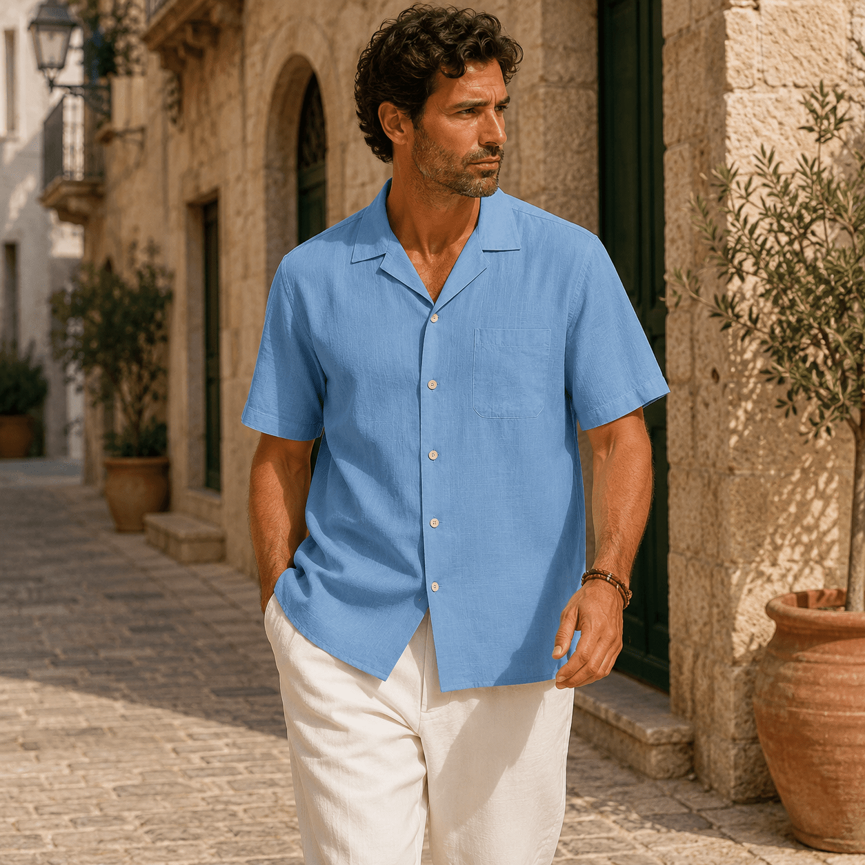 Men's Riviera Linen Blend Camp Collar Shirt - VogueTale