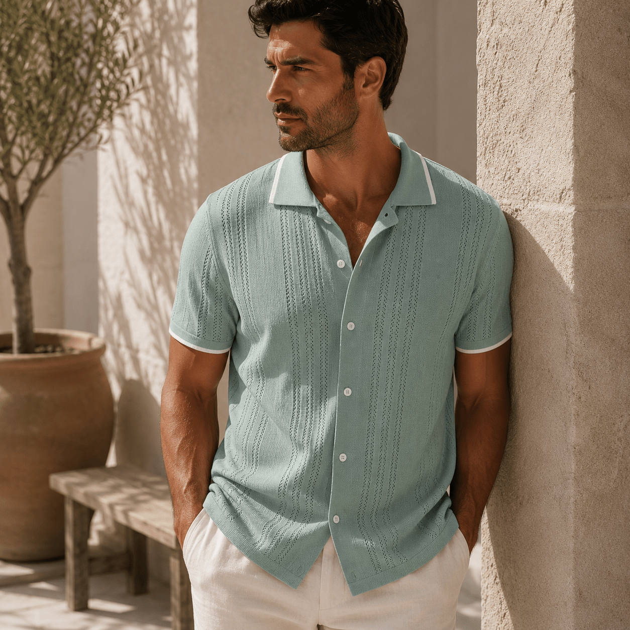Men's Riviera Textured Camp Collar Shirt - VogueTale